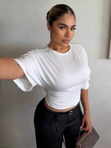 Maria Perezxox Áo thun ngắn tay cánh dơi màu trơn đơn giản, mùa hè - trắng - Xem 3