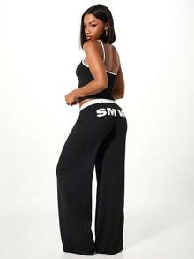 SUMWON WOMEN 女士黑色家居套装，白色撞色滚边吊带背心搭配阔腿裤，饰有品牌标志，舒适宽松版型 - 黑色 - 查看 2