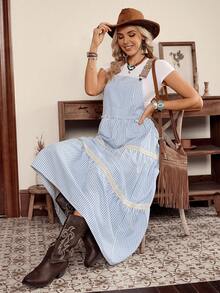 LanaWest Women's Western Casual Jacquard Adjustable Spaghetti Strap Lace Patchwork Striped Linen Blend Jumper Dress - Blue - View 6