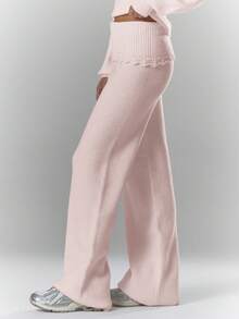 MUSERA 罗纹针织钩编细节翻折腰带阔腿裤套装（仅下装）舒适可爱休闲咖啡俱乐部优雅晚宴派对 - 淺粉色 - 查看 3