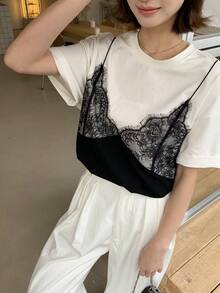 DAZY Women's Lace Camisole Casual Short Sleeve T-Shirt - White - View 5