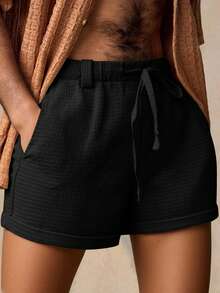 HIMLAND Men's Casual Woven Mid-Waist Rolled Hem Shorts - Black - View 2