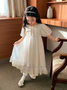 Dazy Kids Vestido de fiesta de cumpleaños de estilo coreano con mangas cortas abultadas y lunares en relieve para niña pequeña - Rosa - Ver 7