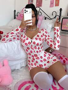 Eraneu Women's Sexy Red Lip Print Front Closure Bodysuit Lingerie - Red and White - View 3