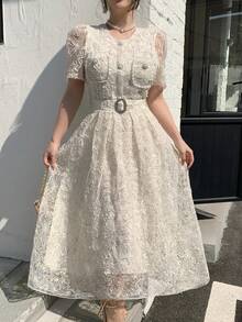 DAZY Elegant High-End Lace Dress With Tie Cinched Waist Embroidered Dress, Soft Korean Style Charming Youthful Dress Wedding Guest Dress Summer Sundress - Ivory White - View 7