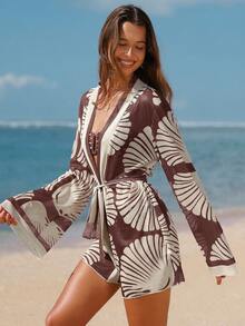 Swim Chiccia Boho Seashell Print Chiffon Kimono Cover Up, Beach Vacation Bohemian Ocean Style - Burgundy - View 3