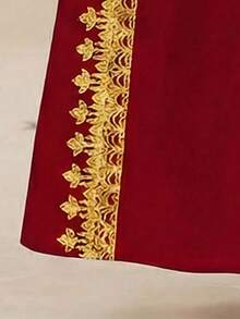 Tween Girls Cute, Elegant, Vintage Distinctive Burgundy Dress With Golden Lace Print, Suitable For Spring/Summer, Festive Occasions - Multicolor - View 5
