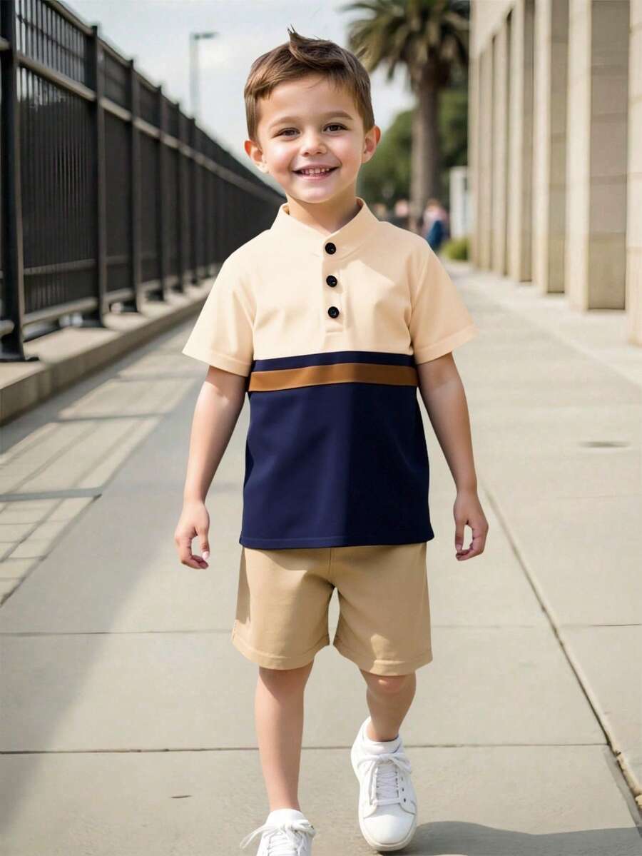 SHEIN Vacaura 1 chiếc áo polo tay ngắn dệt kim thoải mái cho bé trai, kiểu dáng thể thao thời trang, thiết kế phối màu năng động, dáng rộng, phù hợp cho mùa xuân/hè, đa năng cho kỳ nghỉ, đi biển và mặc hàng ngày. - Màu Khaki - Xem 1