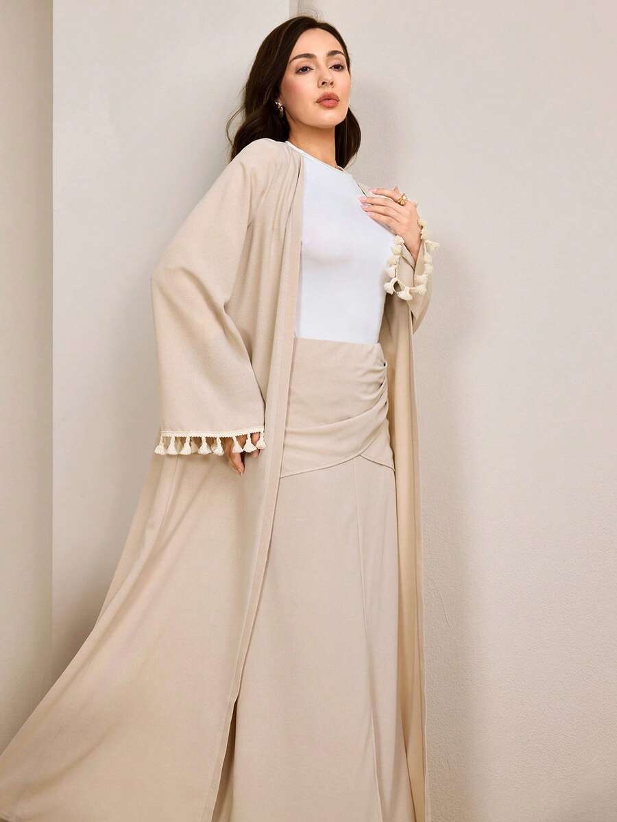 Modelyn Conjunto modesto y elegante de estilo vintage árabe para mujer con diseño de volantes con estampado floral en los puños, ajuste ceñido - Albaricoque - Ver 1