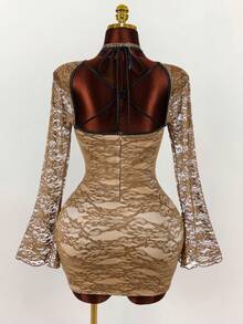 Amplova 大码时尚性感蕾丝喇叭袖修身连衣裙 - 棕色 - 查看 8