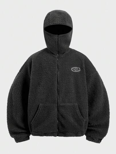 EASEVO Plus Size Men's Geometric Embroidery Long Sleeve Zip-Up Sherpa Hoodie