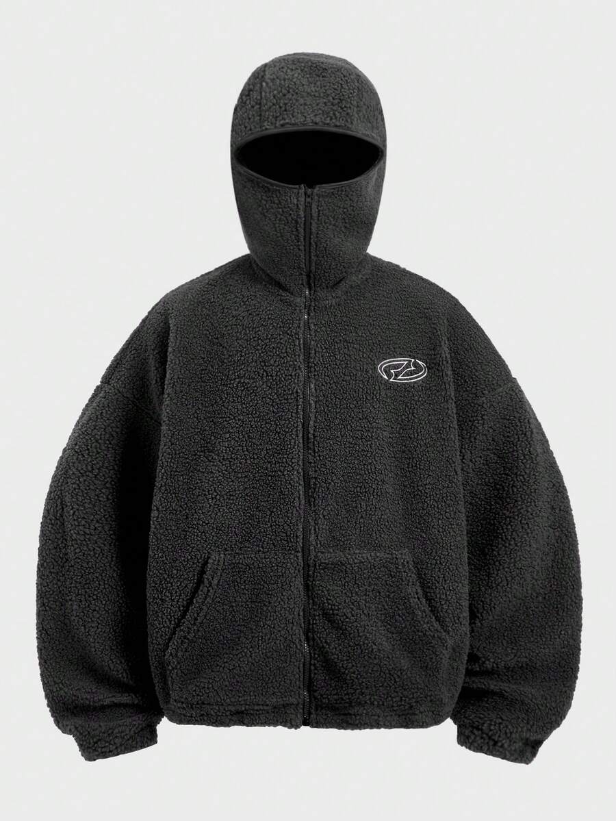 EASEVO Plus Size Men's Geometric Embroidery Long Sleeve Zip-Up Sherpa Hoodie - Dark Grey - View 1