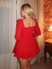 Turnttoni Women's New Year Solid Red Mini A-Line Peplum Dress With Square Collar, Sexy & Elegant Fitted Waist Long Sleeve Bodycon Dress For Christmas, Date Night - Red - View 2