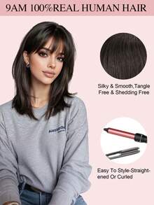 10英寸直发假发片，女士真人发假发片，适合头发稀疏的女性，带刘海，夹式设计 - Natural Black - 查看 12