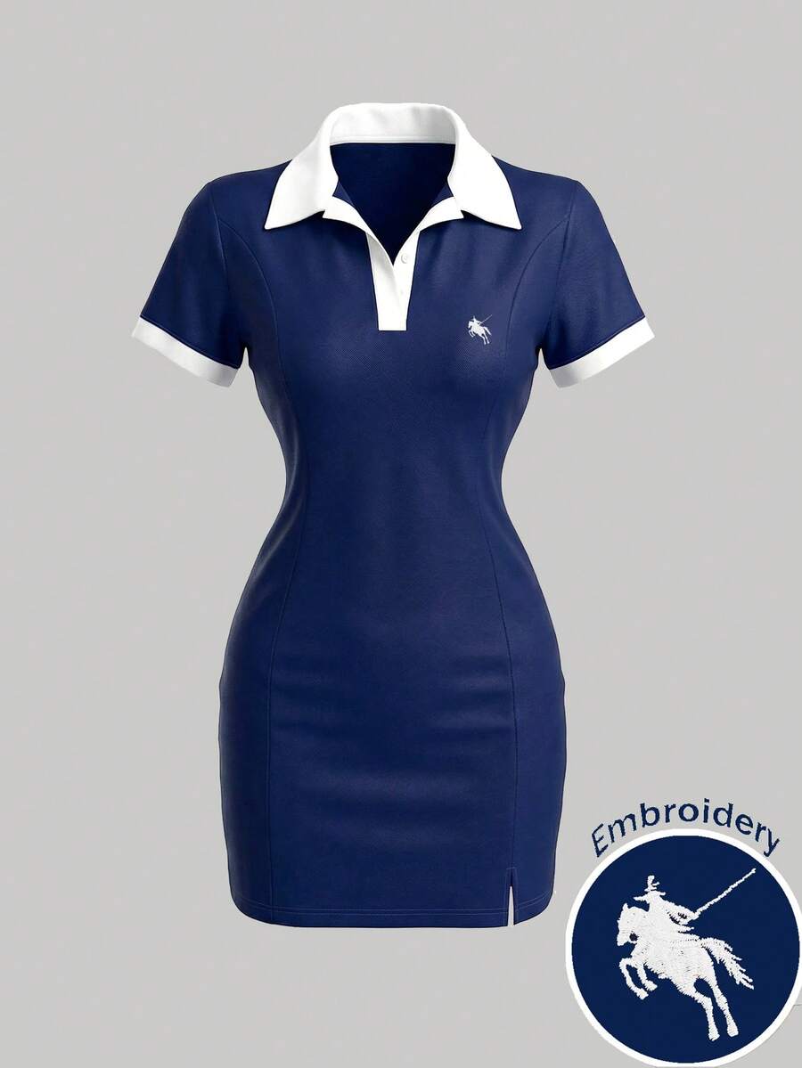 INAWLY 优雅刺绣休闲Polo领修身T恤连衣裙