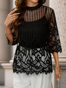 Editum 女士春季立领蕾丝上衣 - 黑色 - 查看 5