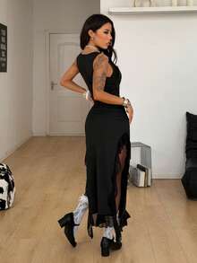 Coolane Women's Spring/Summer Streetwear Elegant Music Festival Party Luxury Daily Wear Comfortable Stretchy Black Slim Fit Ruffle Long Vest Dress - Black - View 5