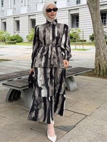 DAZY Women's Casual Floral Puff Sleeve Belted Shirt And Ruffle Hem Skirt 2-Piece Set, Spring/Summer - Black - View 4