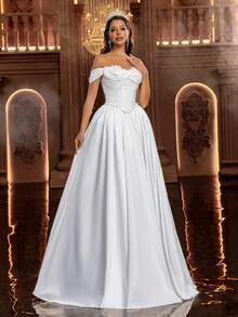 Glamrae Elegant French Romantic Embroidered Off-Shoulder A-Line Formal Dress, Suitable For Wedding, Banquet, And Formal Occasions - White - View 6
