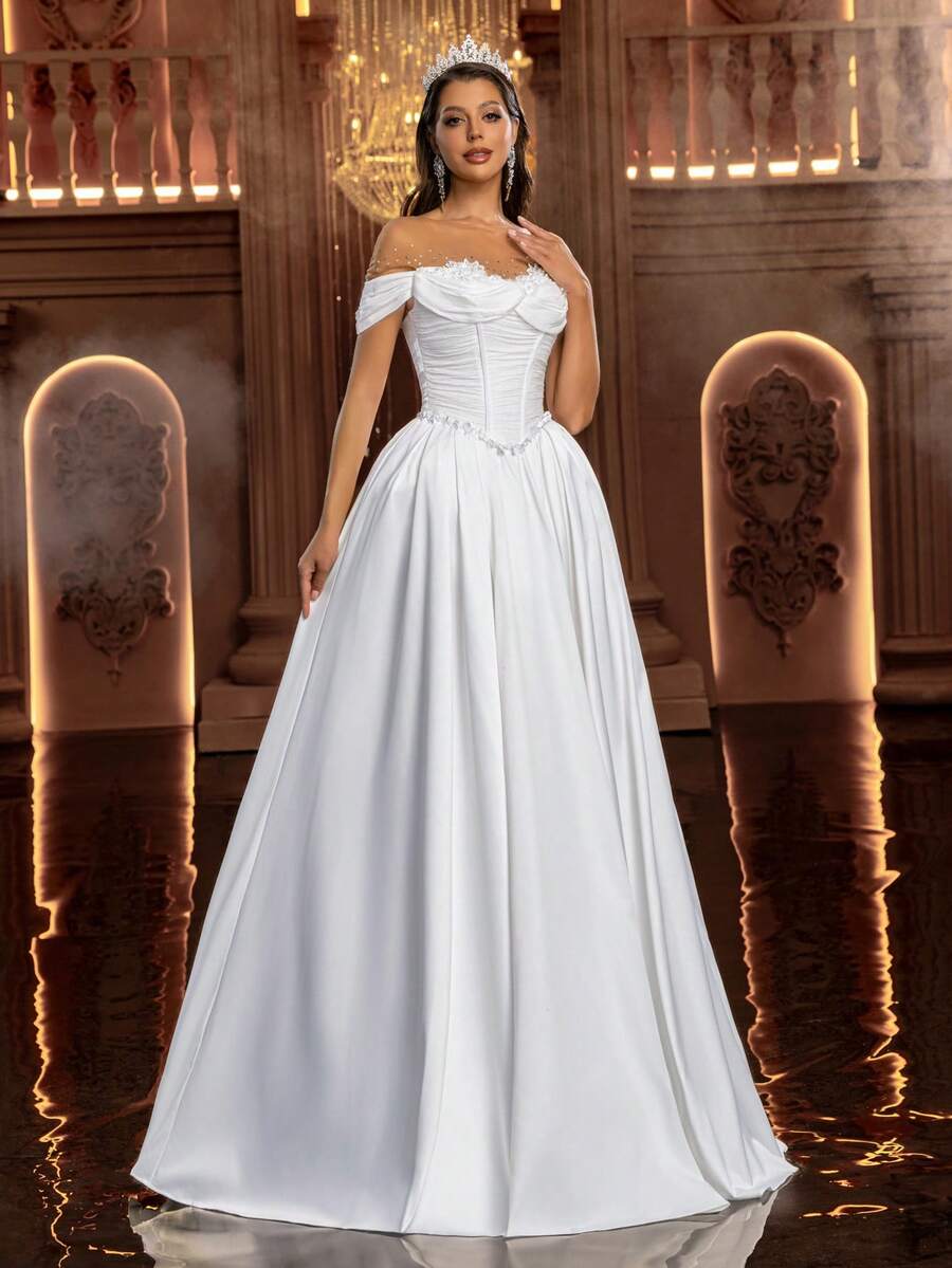 Glamrae Vestido Formal Elegante Romântico Francês com Bordado Ombro à Mostra Estilo A, Adequado para Casamento, Banquete e Ocasiões Formais