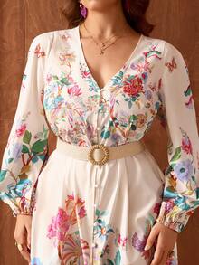 Flirla Đầm dài dáng ôm dành cho nữ cỡ lớn, họa tiết thanh lịch, dệt kim, có thắt lưng. - Hồng - Xem 6