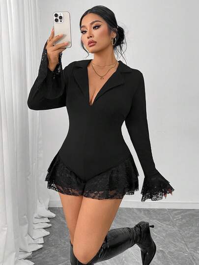 Elenzga 大码优雅纯色蕾丝拼接荷叶边连体衣