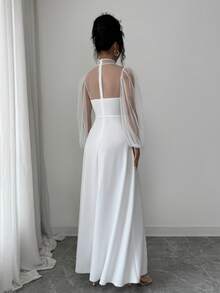 SHEIN Elenzya Đầm dài tay cổ cao dáng chữ A thanh lịch, lãng mạn, chất liệu lưới, thiết kế tối giản tinh tế, thích hợp cho các bữa tiệc và đám cưới. - trắng - Xem 2