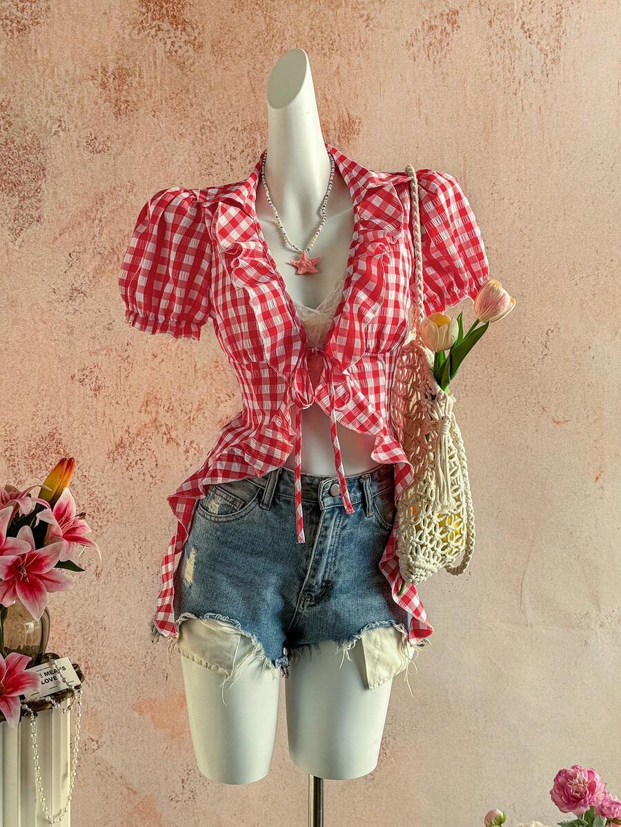 Sunnyshic Women's Red & White Plaid Frill Trim Front Tie Deep V-Neck Puff Sleeve Blouse - Red - View 1