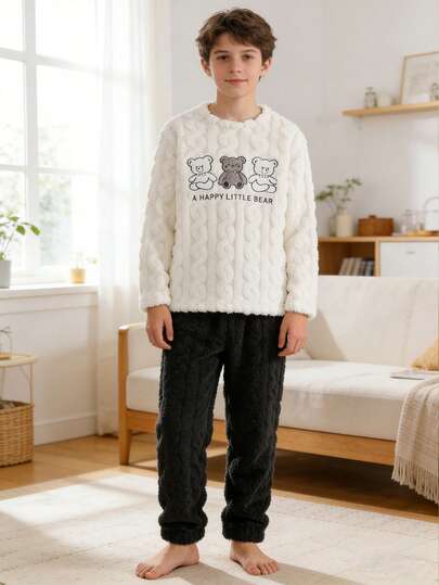 Flannel Boys Big Kids Loungewear 2-Piece Set - Cream White Bear Print Top Dark Gray Pants Combo Three Cute Bears HAPPY LITTLE BEAR Letter Print Design Cream White Dark Gray Contrast Match Thick Warm Flannel Fleece Fabric Long Sleeve Top Pants Set Social Media Style Healing Pet Autumn Winter Spring Holiday Essential Boys Big Kids Home Set Boy Clothes Set Winter
