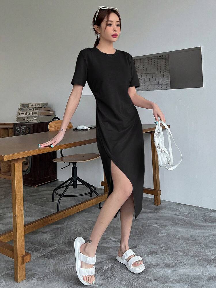 Solid Color Pleated Slit Short Sleeve Dress Summer Sundress,Casual Women Dresses