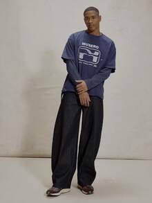 Musero Rund halsringning Dubbelskiktad stil Kontrastfärgad långärmad t-shirt Märkestryck Nedsänkt topp Essentials Vår & Sommar - Marinblå - Visa 3