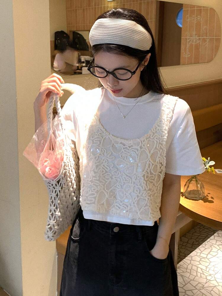 Women's Sweet Girly Beaded Flower Decor Cropped Camisole Tank Top