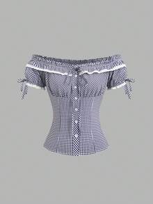 SHEIN Sweetro Women's Halloween Outfit, Thanksgiving Outfit, New Year Outfit, Suitable For Party, Commute, Daily, Travel, Vacation. Fashionable Off Shoulder Ruffle Trim Plaid Shirt, Sweet Bow Tie Waist Short Sleeve Blouse - Blue and White - View 4