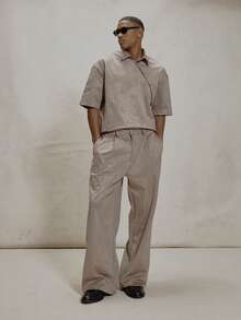 Musero 阔腿宽松版型褶裥纽扣腰带环细节麂皮长裤 冬季必备 - 卡其色 - 查看 1