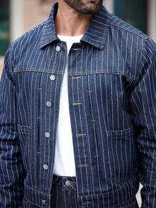 Manfinity Homme Plus Size Men's Casual Striped Loose Front Button Denim Shirt And Jeans Set, Autumn Men Navy Blue Denim 2 Pieces Set Men's Striped Denim Outfit - Blue and White - View 6