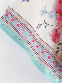 Franclia 大码女式V领印花撞色优雅复古休闲系带衬衫，春夏款 - 彩色 - 查看 4