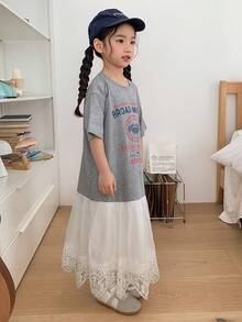 DAZY Young Girl' Round Neck Korean Style Short Sleeve Lace Patchwork Cartoon Print Short Sleeve Dress - Grey - View 5