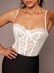 Silquee Women's Floral Lace Patchwork Sexy Sling Bodysuit - White - View 3