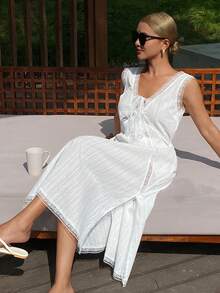 DAZY Cămașă de noapte pentru femei, stil romantic de vacanță, ușoară, texturată, cu dantelă, cu decolteu adânc în V, fără mâneci - alb - Vizualizare 8