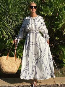 DAZY Vestido maxi casual de vacaciones con estampado de plantas, vestido bohemio de playa - Beis - Ver 5