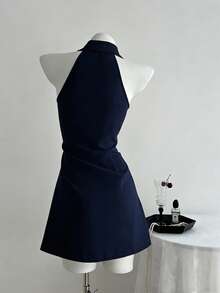 Elamini White Sleeveless Embroidered Fitted A-Line Dress, Spring/Summer - Navy Blue - View 2