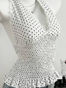 Elamini Áo hai dây nữ kiểu dáng thường ngày, thanh lịch, gợi cảm, xếp ly sâu, thắt eo, phối ren, viền bèo nhún. - trắng - Xem 4