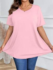 Women's Plus Size Pink Short Sleeve T-Shirt With Round Neck And Regular Hem Detail - Pink - View 4