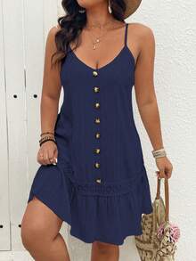 EMERY ROSE Vestido camisero texturizado con cuello en V sin mangas, botones delanteros y volante en el bajo para tallas grandes - Azul Marino - Ver 1