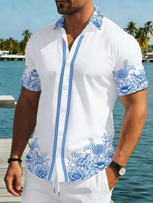 Manfinity RSRT Áo sơ mi nam tay ngắn cài cúc - Họa tiết hoa xanh trắng, thích hợp cho hoạt động ngoài trời và mặc hàng ngày, trang phục nam thoải mái. - Nhiều màu - Xem 6