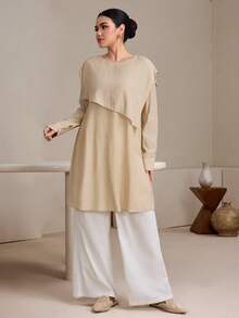 Graceveil 早春不对称圆领宽松浅卡其色休闲上衣