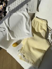 Teenage Girls' Spring/Summer Vacation Casual All-Match Versatile Lazy Lace Bow Shorts Top Vest And Loose Yellow Plaid Pants 2-Piece Set - Yellow - View 4