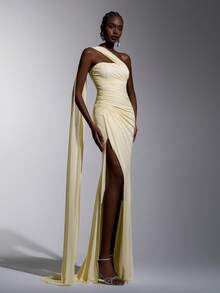 Elitara Elegant Yellow Metallic Shiny Mesh Strapless Asymmetric Neck Flounce Top Pleated Fishtail Side High Slit Dress, Suitable For Dates, Weddings, Events, Bridesmaid - Yellow - View 5