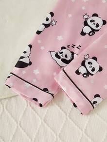2pcs Girls Panda Print Soft & Comfortable Satin Collar Button Long Sleeve Pajama Set Panda Pajama Set Fall Winter - Pink - View 6