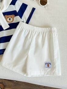 SHEIN 男婴休闲可爱蓝色条纹小熊印花T恤套装，包含白色披肩和白色短裤三件套 - 彩色 - 查看 6